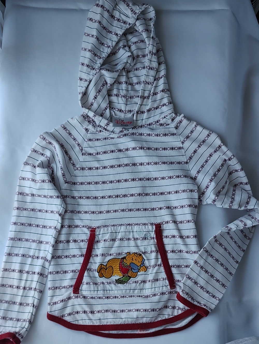 Disney White Striped Hoodie with Red Trim and Pooh Applique